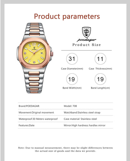 POEDAGAR Luxury Watch For Woman Square Ladies Quartz Watch Luminous Waterproof Date Women's Watches Dress Female Clock reloj+box