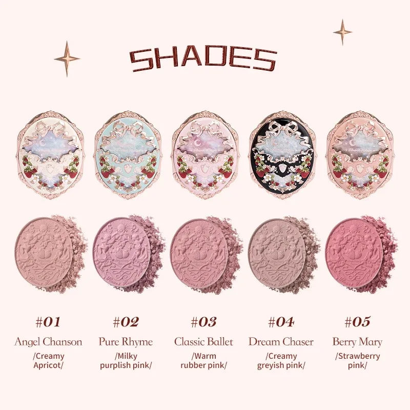 Flower Knows Strawberry Rococo Embossed Blush Fine Powder Makeup Smooth Long Lasting Blusher Waterproof Blush Maquiagem