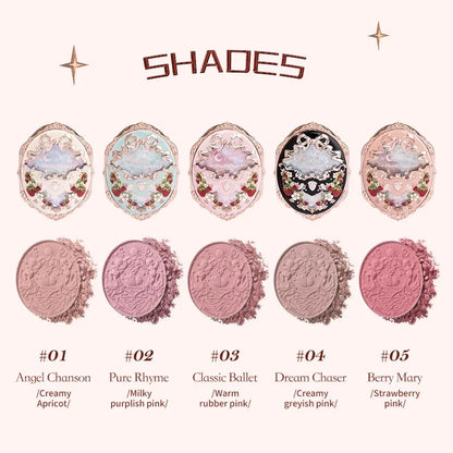 Flower Knows Strawberry Rococo Embossed Blush Fine Powder Makeup Smooth Long Lasting Blusher Waterproof Blush Maquiagem
