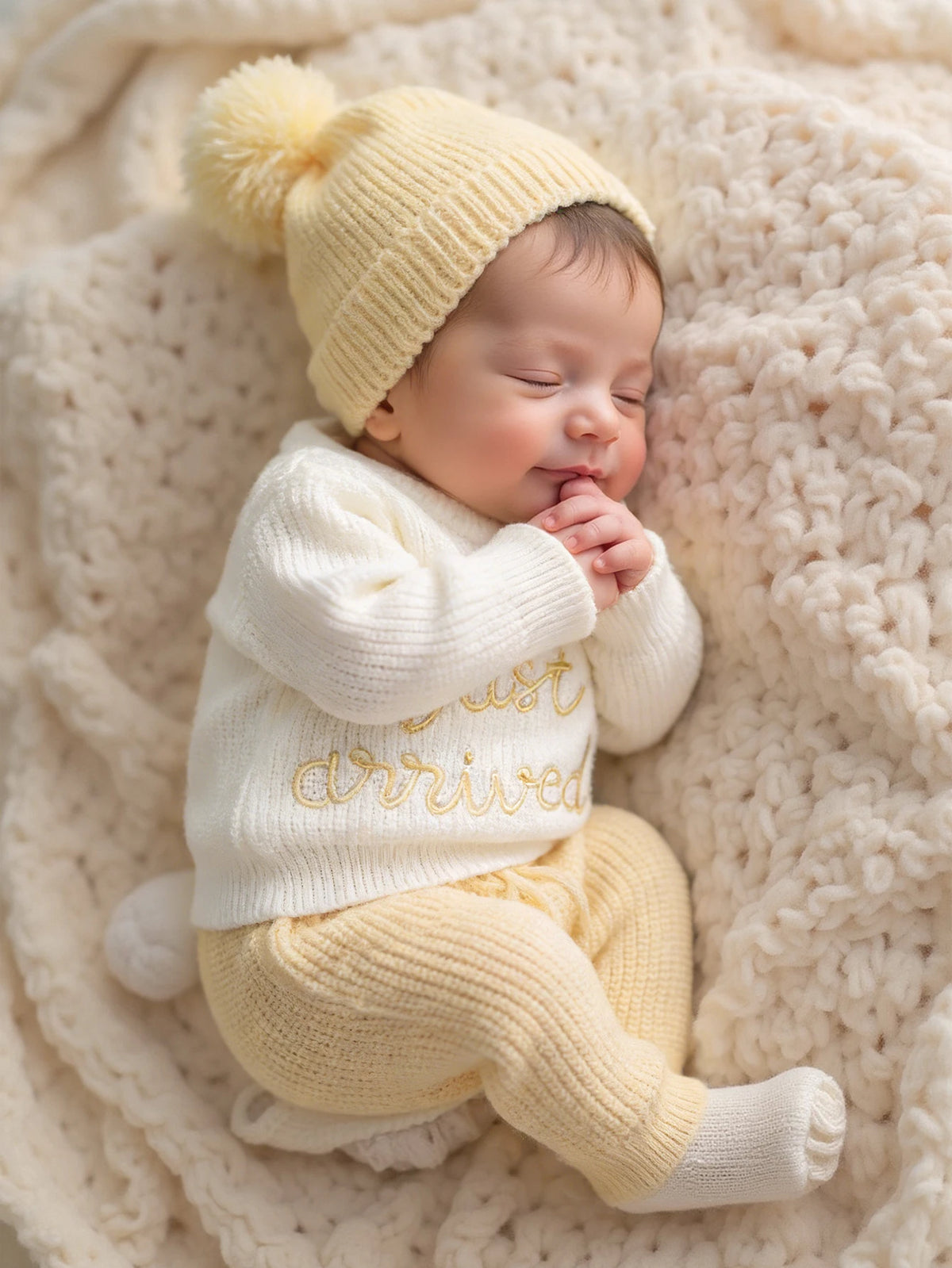 Ylsteed 3 Pcs Set Knitting Newborn Boy Photography Clothes "Just Arrived" Embroidery Khaki Baby Outfits Sweater Baby Shower Gift