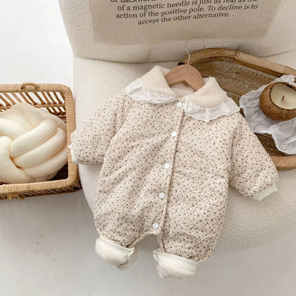 Korean Baby Cotton Jumpsuit Thickened Hooded Romper Plush Warm Autumn Winter Newborn Clothes Floral Princess Bodysuit Ropa Bebe