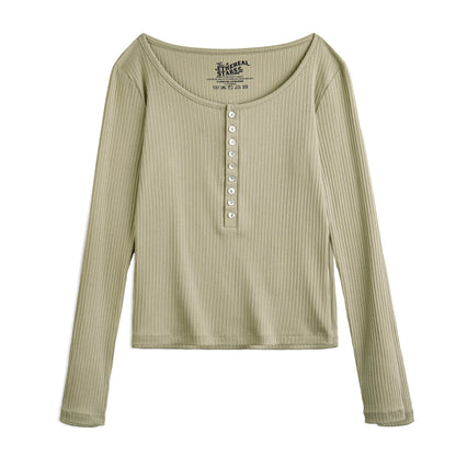 Maden Women’s Slim Fit Henley Shirt Ribbed Knit Long Sleeve T-shirt O-Neck Layering Top Solid Color Autumn Winter Inner Wear