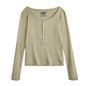 Maden Women’s Slim Fit Henley Shirt Ribbed Knit Long Sleeve T-shirt O-Neck Layering Top Solid Color Autumn Winter Inner Wear
