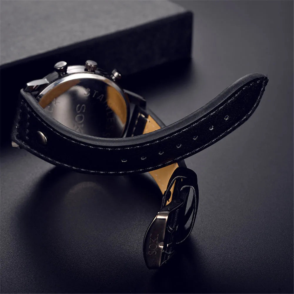 Sleek Men’s Watch Chic Brown Leather Band Quartz Watch Modern Black White Orange Three Eye Contrast Color Chronograph Wristwatch