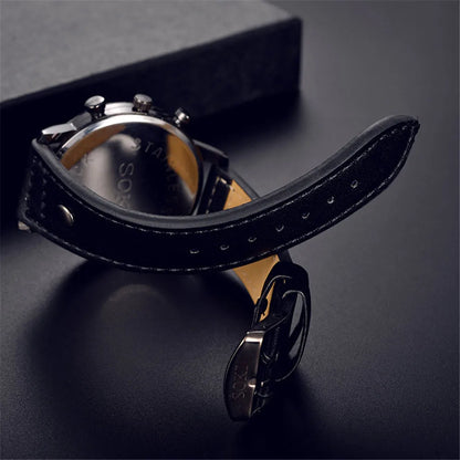 Sleek Men’s Watch Chic Brown Leather Band Quartz Watch Modern Black White Orange Three Eye Contrast Color Chronograph Wristwatch