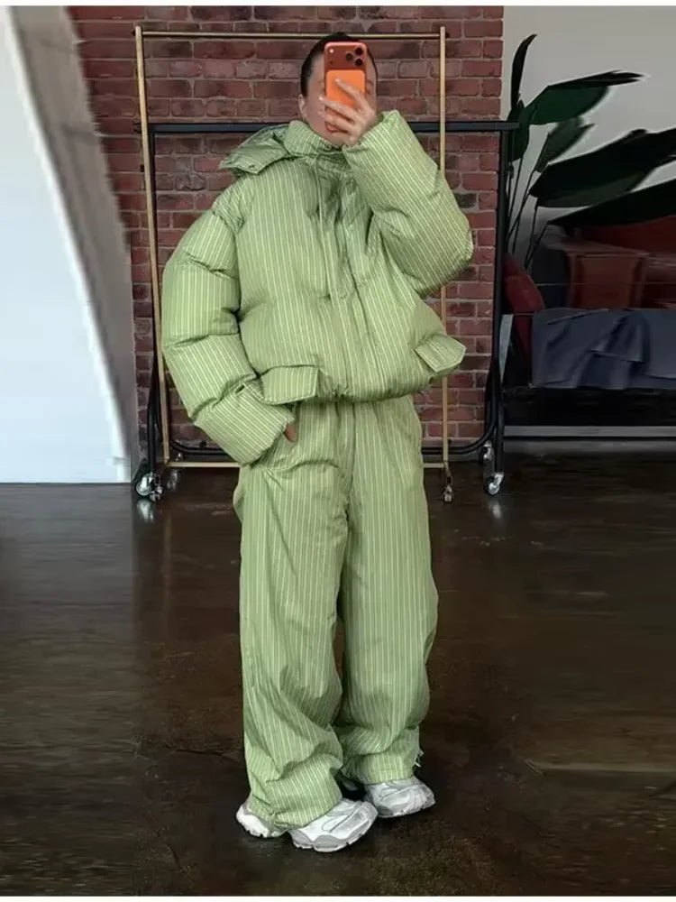 Stripe Women's Padded Cotton Coats Pant Suit Hooded Zipper Puffer Coat Loose Thick Pants 2026 Fashion Lady Autumn Winter Ski Set