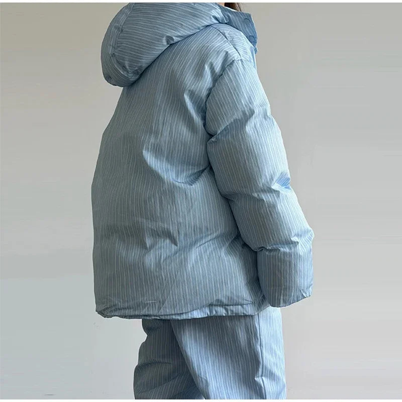 Stripe Women's Padded Cotton Coats Pant Suit Hooded Zipper Puffer Coat Loose Thick Pants 2026 Fashion Lady Autumn Winter Ski Set