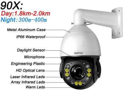 Metal Full Color Laser Infrared Auto Tracking Cruise 8MP 4K 30fps 90X Optical Zoom 360° Audio Onvif POE Speed Dome PTZ IP Camera