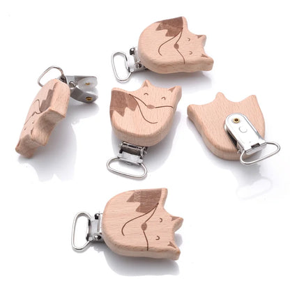 1Pcs Printing Animal Dummy Clip Beech Wood Nipple Clip For Teether Chewing Toys Accessory DIY Anti-Drop Baby Pacifier Chain