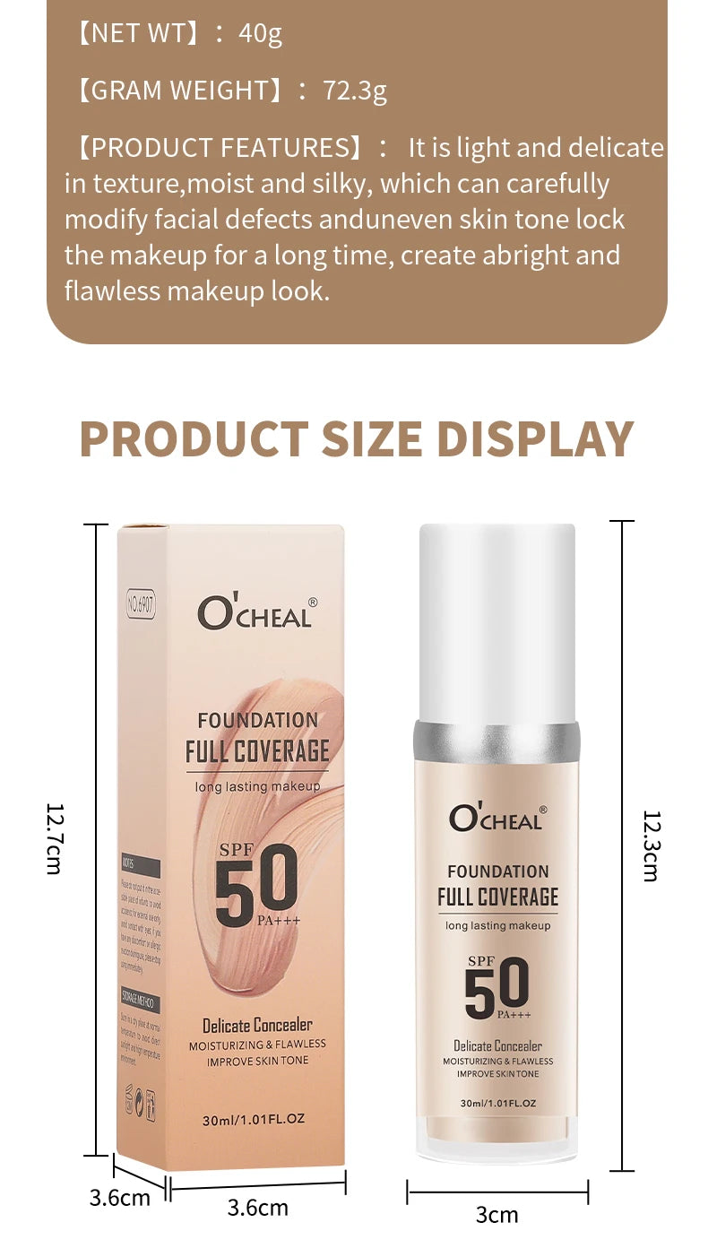 O‘CHEAL 50PA+++ Liquid Foundation Cream Lasting Coverage Makeup Concealer Moisturizing Bright Skin Tone Hydrating Beauty Cream