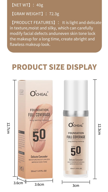 O‘CHEAL 50PA+++ Liquid Foundation Cream Lasting Coverage Makeup Concealer Moisturizing Bright Skin Tone Hydrating Beauty Cream