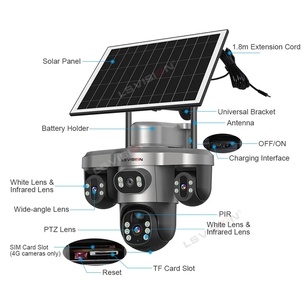LS VISION Wireless WiFi Solar Camera Three Lens Three Screen 4G Sim Card Solar Cam Human Detection Outdoor Solar Surveillance