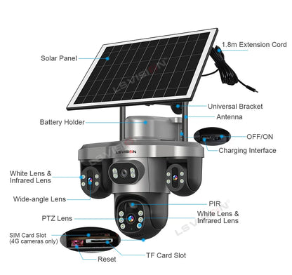 LS VISION Wireless WiFi Solar Camera Three Lens Three Screen 4G Sim Card Solar Cam Human Detection Outdoor Solar Surveillance