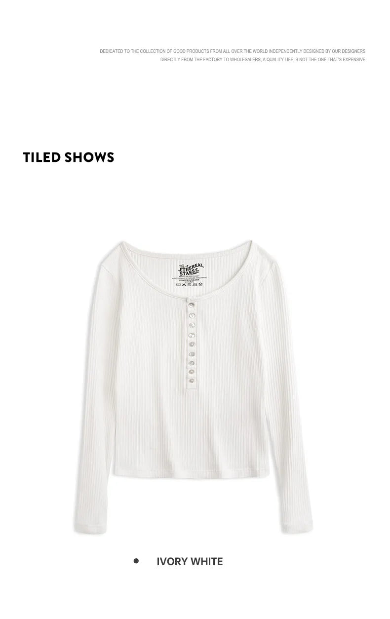 Maden Women’s Slim Fit Henley Shirt Ribbed Knit Long Sleeve T-shirt O-Neck Layering Top Solid Color Autumn Winter Inner Wear