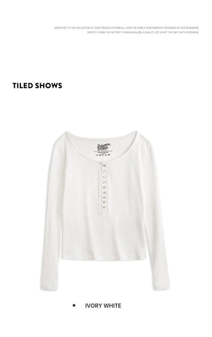 Maden Women’s Slim Fit Henley Shirt Ribbed Knit Long Sleeve T-shirt O-Neck Layering Top Solid Color Autumn Winter Inner Wear