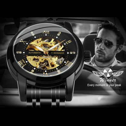 Fashion Skeleton Watch for Men Luminous Hands Iced Out Dial Stainless Steel Strap Business Classic Automatic Mechanical Watches