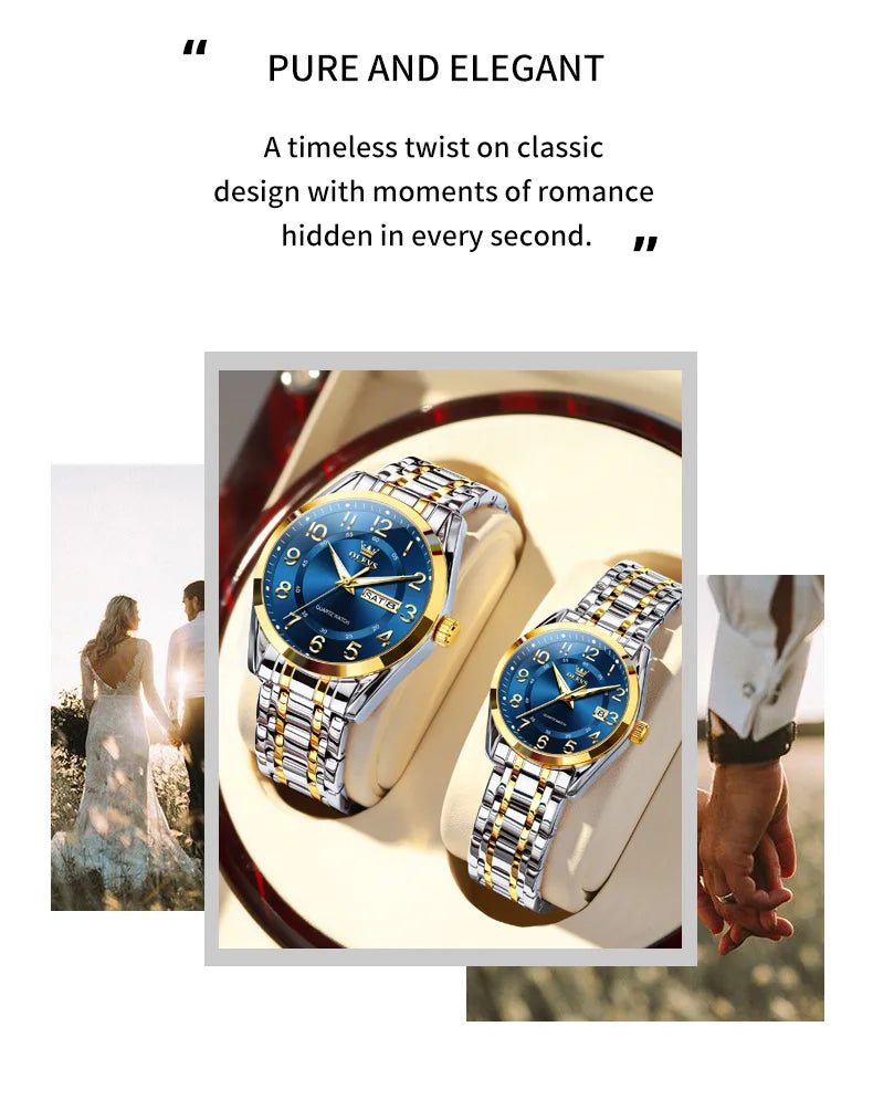 OLEVS 3666 Couple Watch Luxury Brand Quartz Watch Waterproof Watch Lover Gift Night Light Classic Date Week Clock His Her Watch