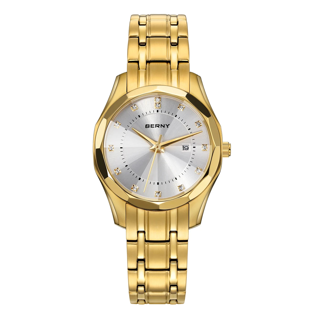 BERNY Golden Watch for Women Quartz Luxury Diamond Shape Lens Ladies Wristwatch Waterproof Stainless Steel Fashion Women Watch