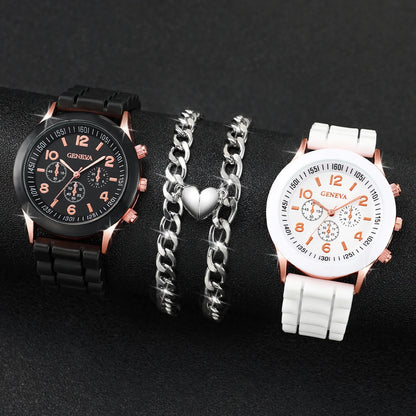 4PCS/Set Couples Watches Fashion Silicone Band Analog Quartz Watch With Heart Bracelets