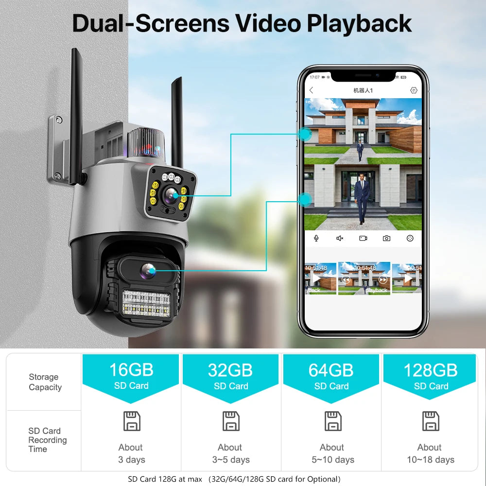 Outdoor Wifi PTZ Camera 4K 8MP HD Dual-Lens Dual Screen Camera AI Auto Tracking 4MP Video Surveillance Police Light Alarm iCSee