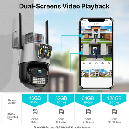 Outdoor Wifi PTZ Camera 4K 8MP HD Dual-Lens Dual Screen Camera AI Auto Tracking 4MP Video Surveillance Police Light Alarm iCSee