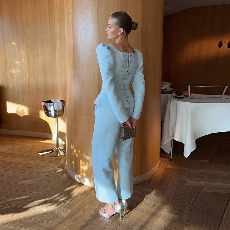 Casual Solid Woolen Top Pants Set Women Puff Full Sleeve Closed Waist Blouse Straight Trousers Sets 2026 Autumn Winter Lady Suit