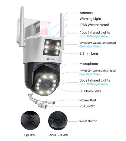 ZOSI C298 8MP/4MP Dual-Lens Wired WiFi PTZ Security Camera Outdoor Wide Angle 8X Hybrid Zoom AI Detection 360 Surveillane Camera