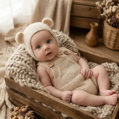 Handmade Crochet Newborn Photography Props Set Cute Soft Knitted Romper with Hat Baby Boy Girl Photo Shoot Outfit Costume