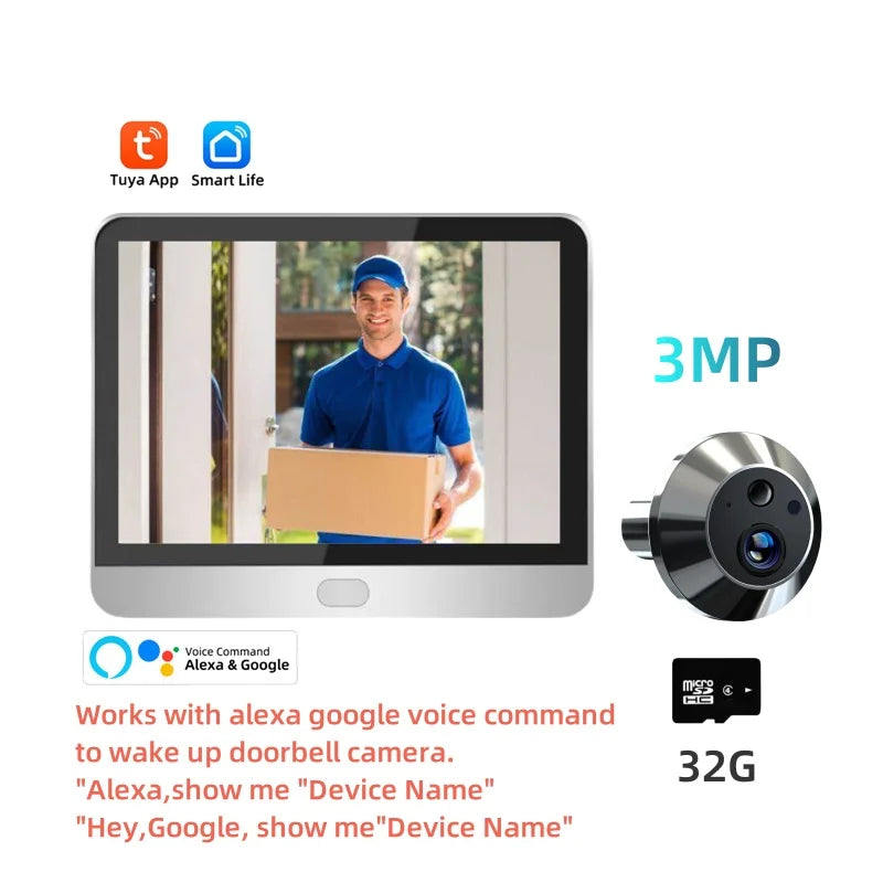 3MP Tuya Smart Security Outdoor House Door Video Eye With Camera Alexa PIR Motion Detect Wifi Peephole Door Camera For Home