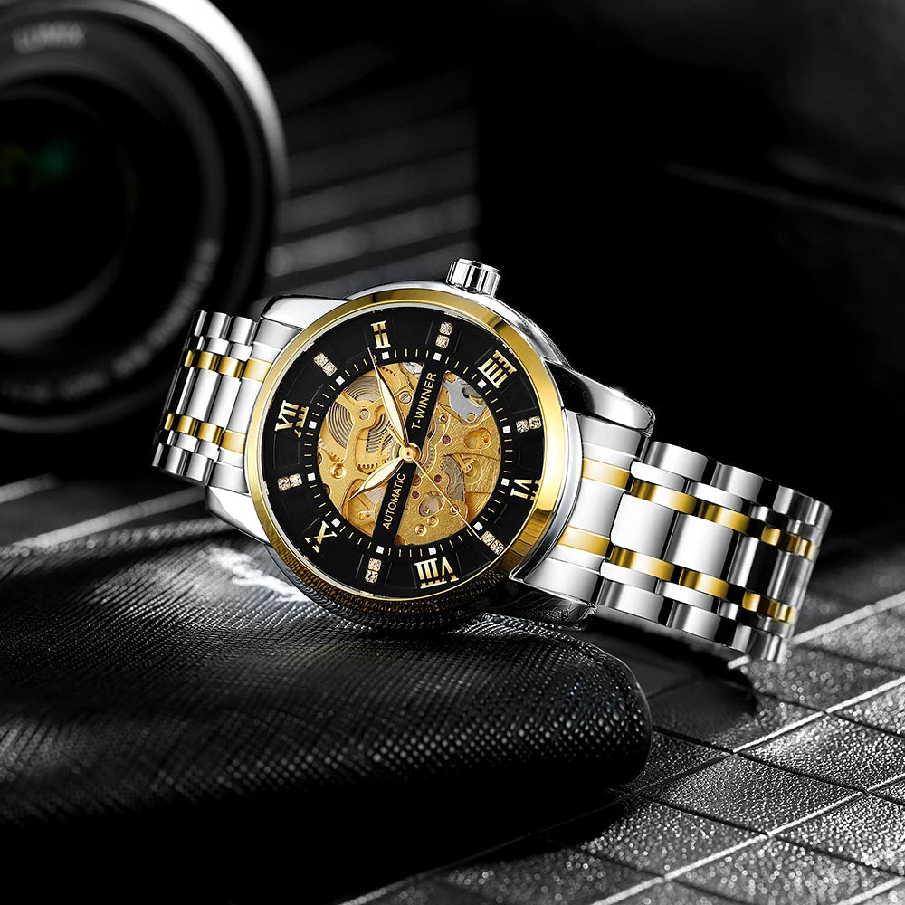 Fashion Skeleton Watch for Men Luminous Hands Iced Out Dial Stainless Steel Strap Business Classic Automatic Mechanical Watches