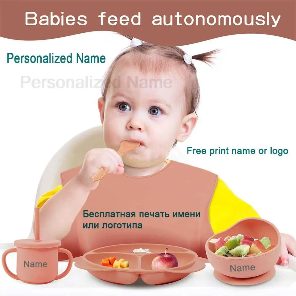 Feeding Set Silicone For Baby Sucker Bowl Dishes Plate For Kids Bear Plate Set Baby Tableware Children's Cup With Straw 8Pcs