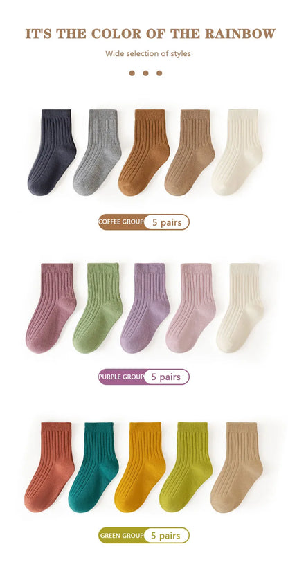 5 Pairs/Lot Children'S Socks Set Solid Color Double Needle Cotton Kids Mid-Tube Socks Candy Color Boys And Girls Student Socks