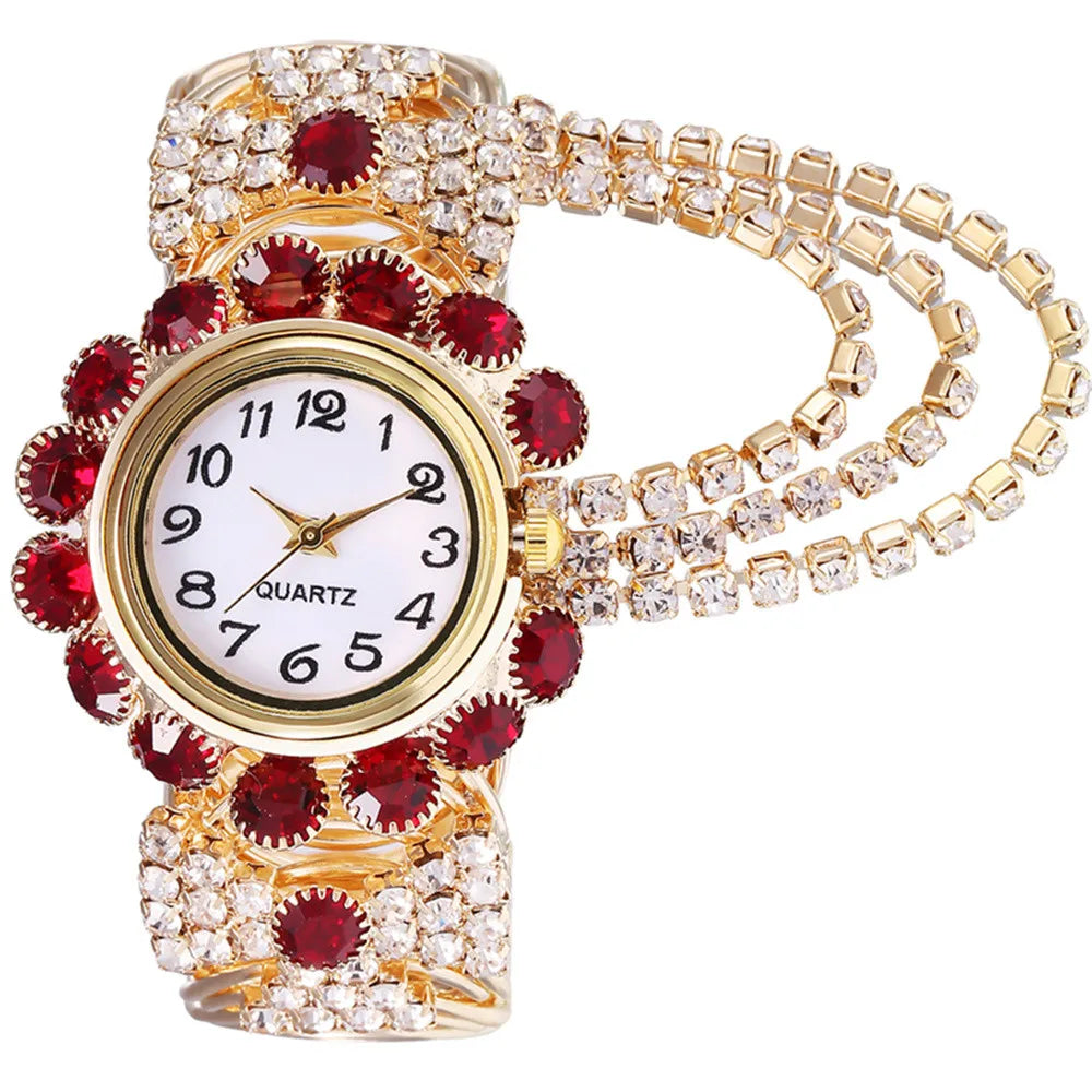 Trendy Leisure Women’s Watch Chic Gold Hollow Design Quartz Watch Stylish Red White Rhinestone Bangle Wristwatch