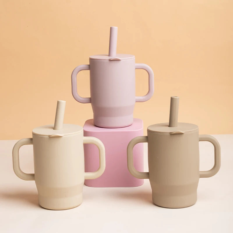 180ml Food-Grade Silicone Baby Learning Drinking Cup with Straw and Double Handles, Baby Training Drinking Cup