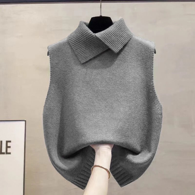 Autumn Winter Korean Solid Color Lapel Sleeveless Versatile Casual Knitted Vest For Women