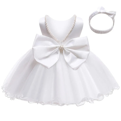 Infant Baby Tulle Backless Pageant Wedding Party Flower Girls Big Bow Dress With Headwear For Toddler Baptism Birthday Prom Gown