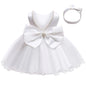 Infant Baby Tulle Backless Pageant Wedding Party Flower Girls Big Bow Dress With Headwear For Toddler Baptism Birthday Prom Gown