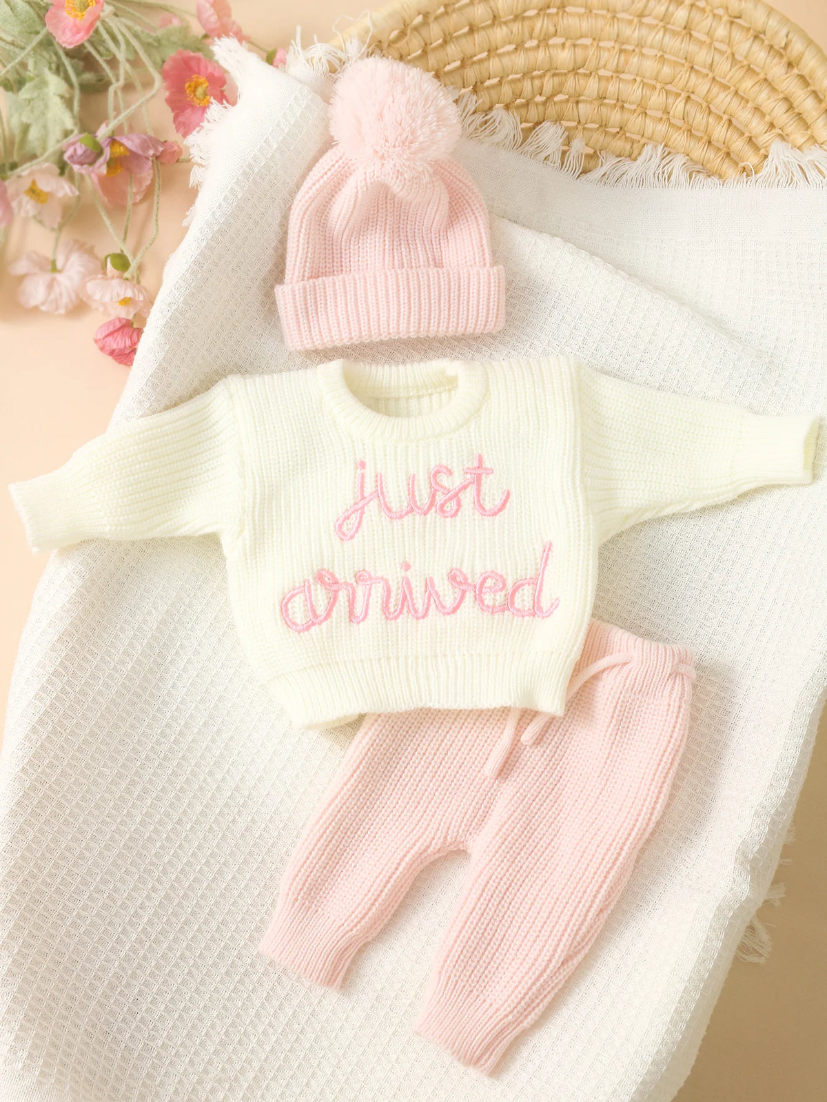 Ylsteed 3 Pcs Set Knitting Newborn Boy Photography Clothes "Just Arrived" Embroidery Khaki Baby Outfits Sweater Baby Shower Gift