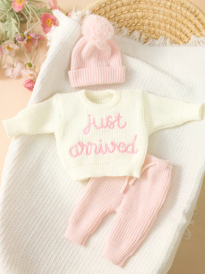 Ylsteed 3 Pcs Set Knitting Newborn Boy Photography Clothes "Just Arrived" Embroidery Khaki Baby Outfits Sweater Baby Shower Gift