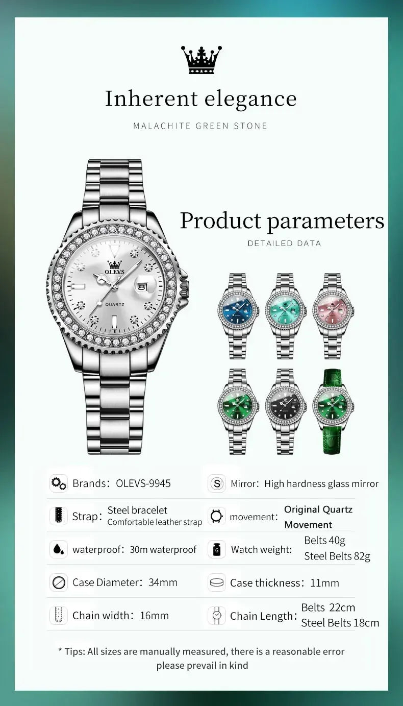 OLEVS 9945 Luxury Diamond Stainless Steel Quartz Watch for Women Elegant Ladies Waterproof Sport Women's Wristwatch Reloj Mujer
