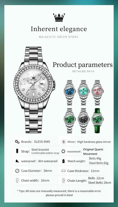 OLEVS 9945 Luxury Diamond Stainless Steel Quartz Watch for Women Elegant Ladies Waterproof Sport Women's Wristwatch Reloj Mujer