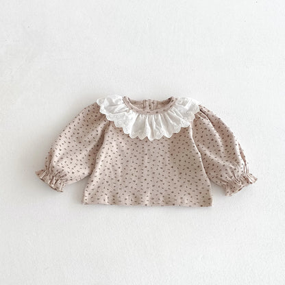 Spring Baby Girls' Lace Collar Pullover Top With Retro Floral Suspenders Pants Set