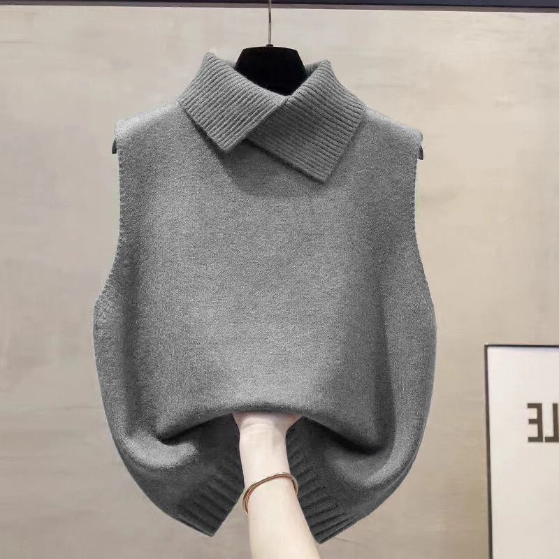 Autumn Winter Korean Solid Color Lapel Sleeveless Versatile Casual Knitted Vest For Women