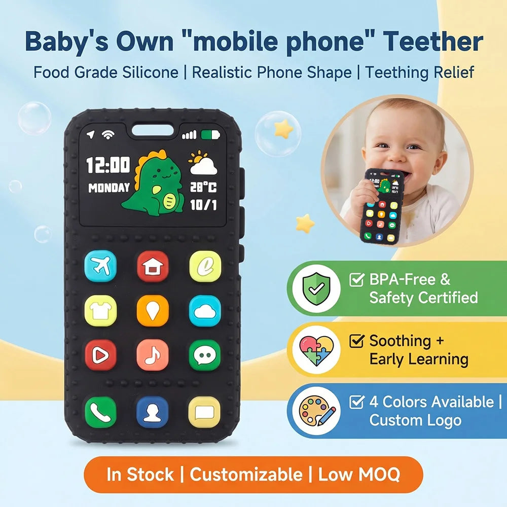 Baby Dinosaur Phone Teething Toy Food Grade Silicone Chew Molar Stick BPA Free Boilable Cute Toddler Teether Soothing Gum Relief