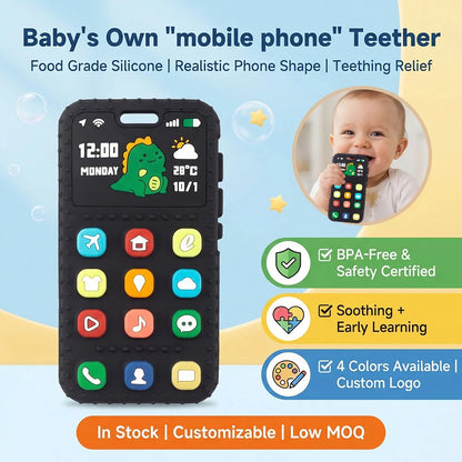 Baby Dinosaur Phone Teething Toy Food Grade Silicone Chew Molar Stick BPA Free Boilable Cute Toddler Teether Soothing Gum Relief