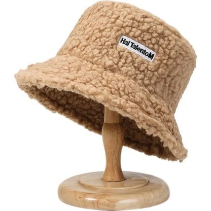 Warm Embroidered Hat Soft Lambswool Bucket Hat For Women Men Winter Warm Knitted Beanie Cap Soft Warm Thick Fisherman Hat