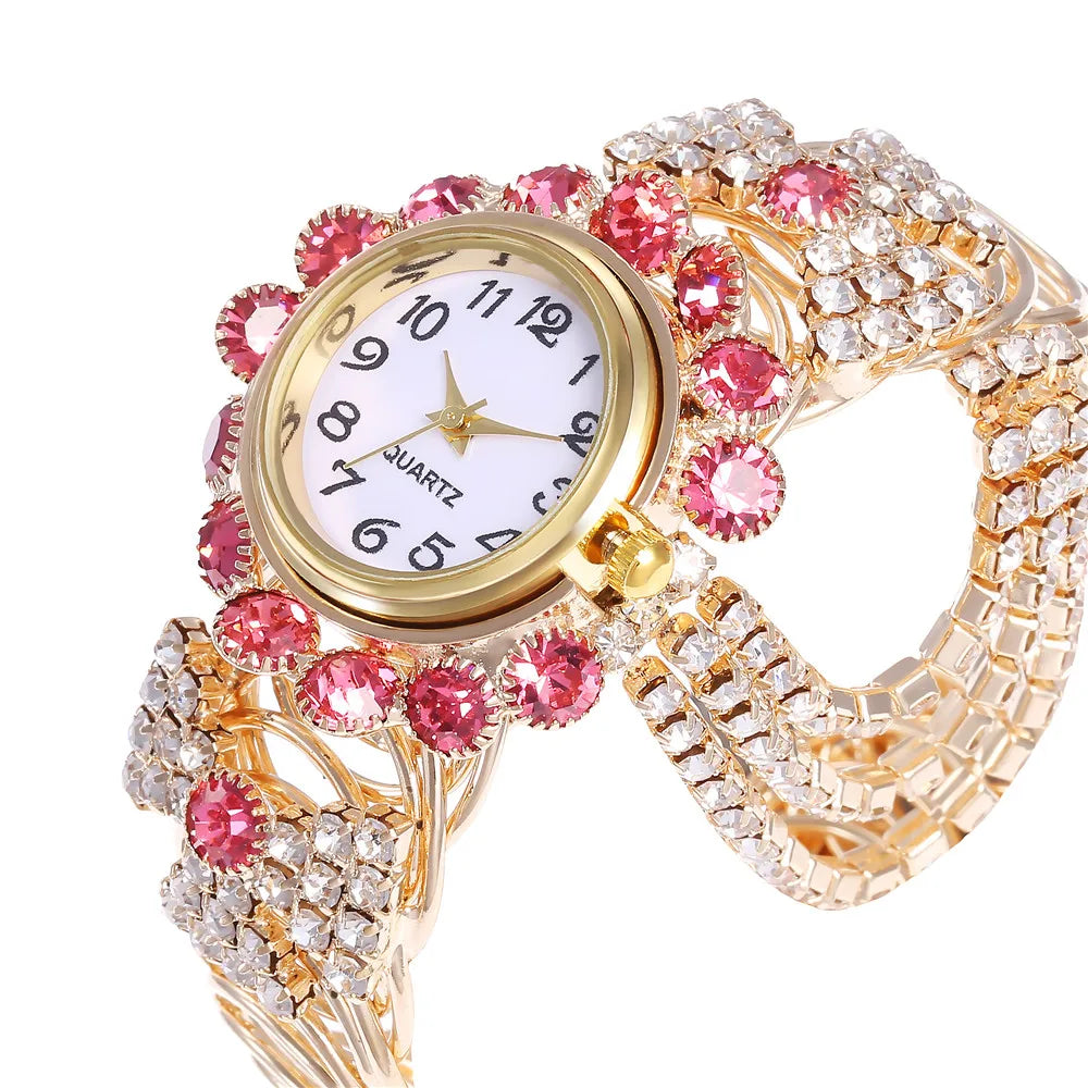Trendy Leisure Women’s Watch Chic Gold Hollow Design Quartz Watch Stylish Red White Rhinestone Bangle Wristwatch