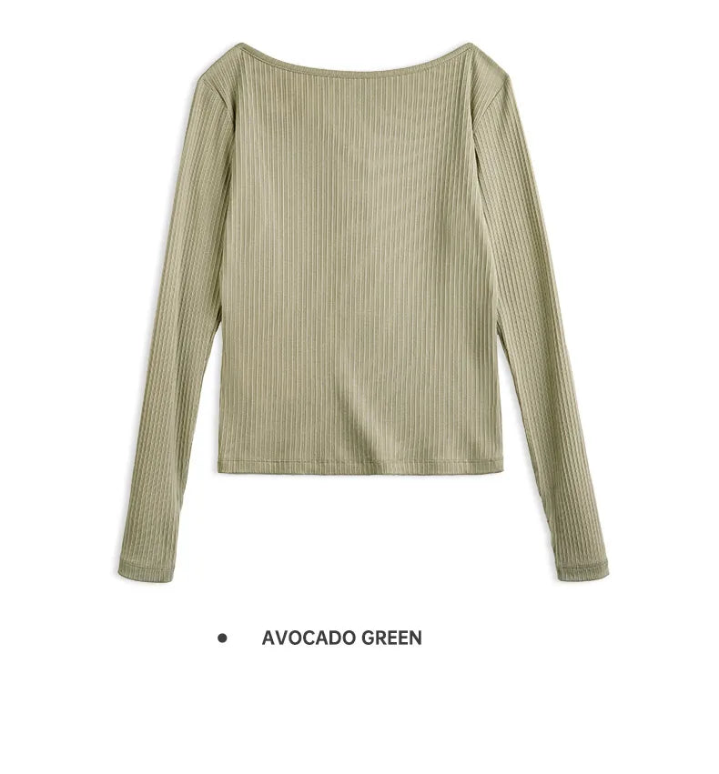 Maden Women’s Slim Fit Henley Shirt Ribbed Knit Long Sleeve T-shirt O-Neck Layering Top Solid Color Autumn Winter Inner Wear