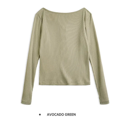 Maden Women’s Slim Fit Henley Shirt Ribbed Knit Long Sleeve T-shirt O-Neck Layering Top Solid Color Autumn Winter Inner Wear