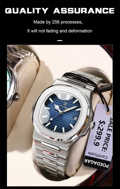 POEDAGAR Luxury Watch For Man Waterproof Luminous Date Men Wristwatch Square Stainless Steel Business Men's Quartz Watches Reloj